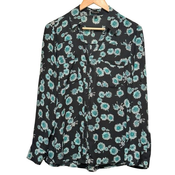 Express Portofino Teal & Black Floral Roll Tab Long Sleeve Womens Top Size Large - Picture 2 of 9